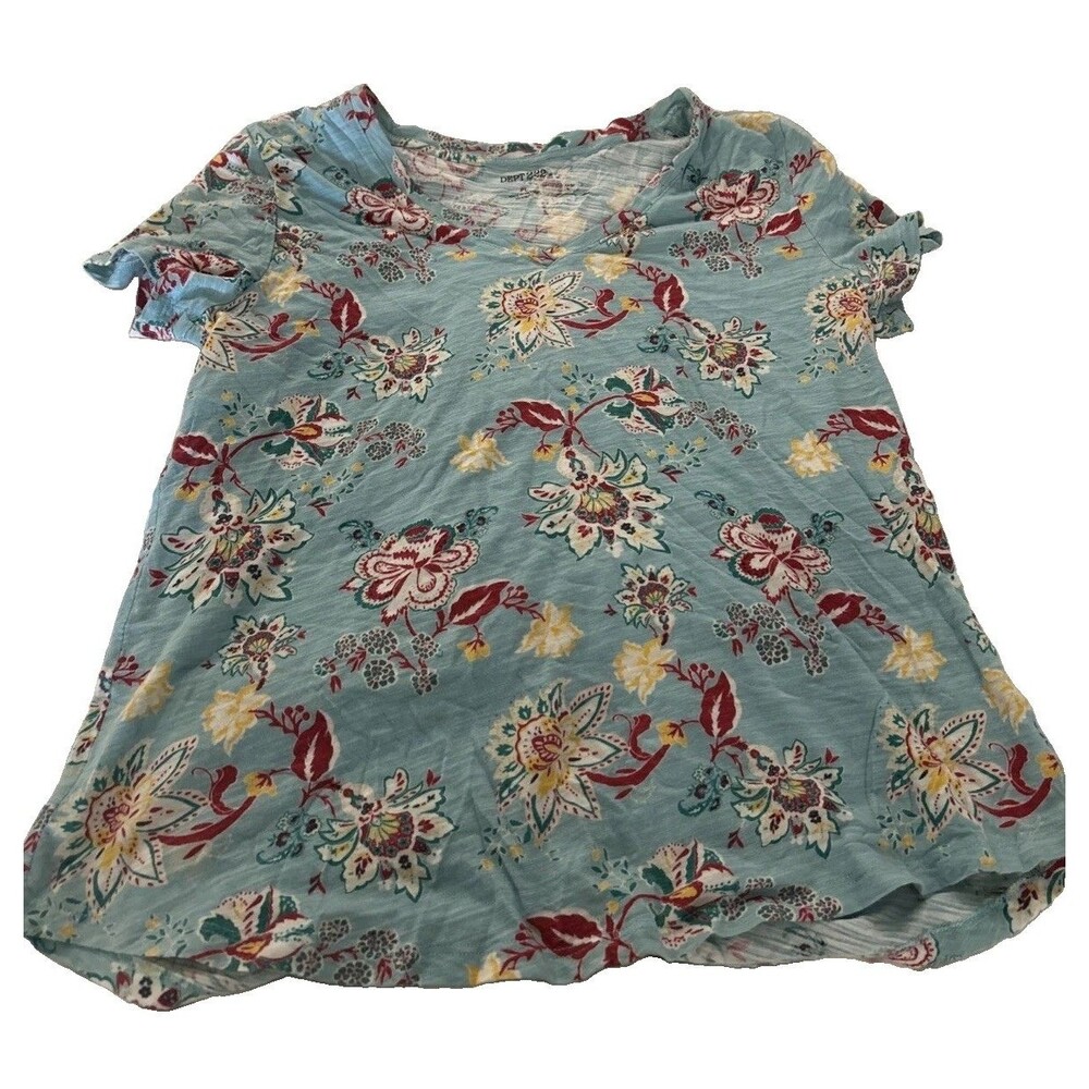 DEPT 222 Floral Paisley V-Neck Top Shirt Women PL Petite Large Cotton Modal Teal